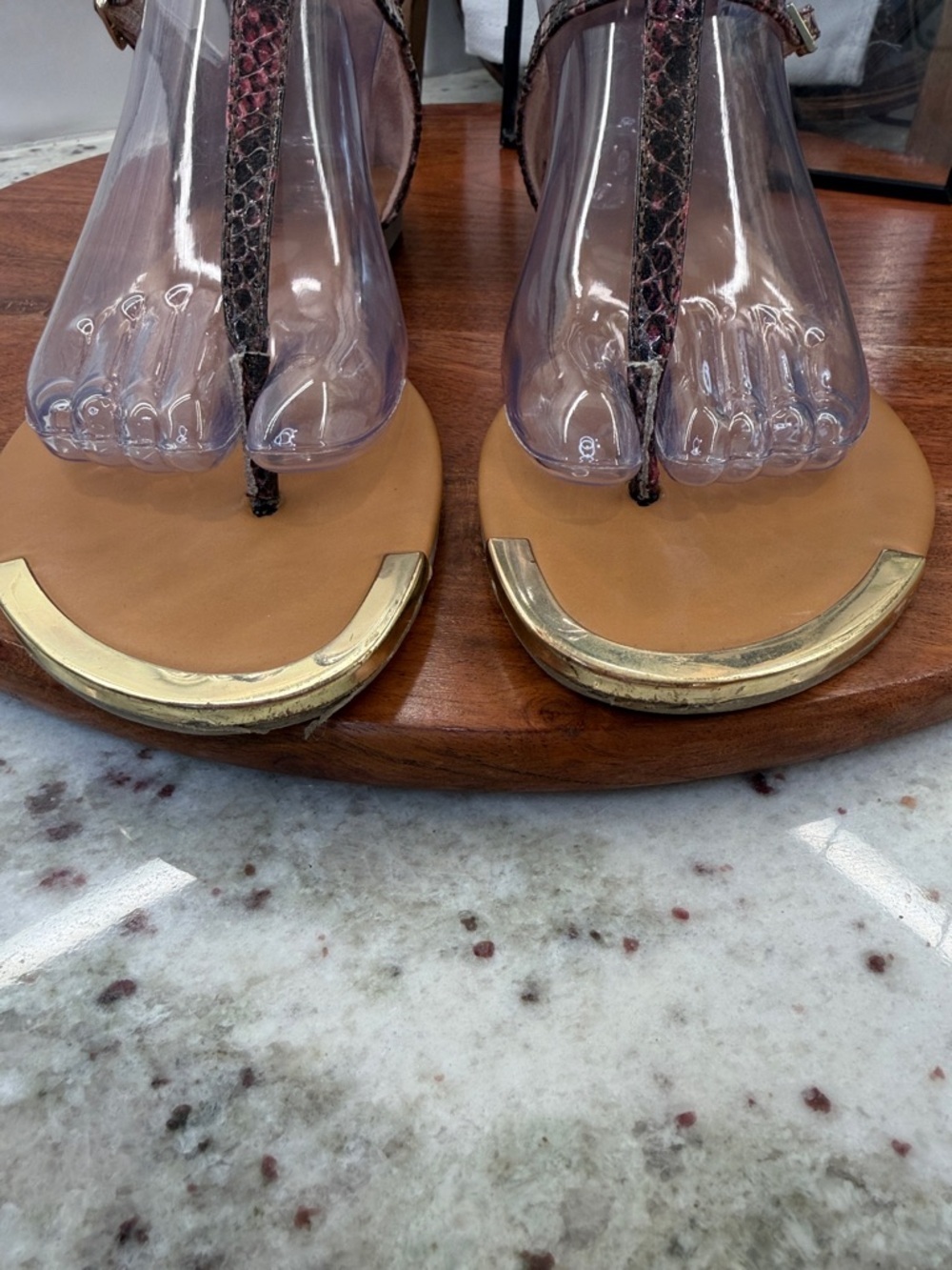 Madden Girl Brown Snake-Print T-Strap Sandals with Gold Toe Accent - Picture 2 of 7